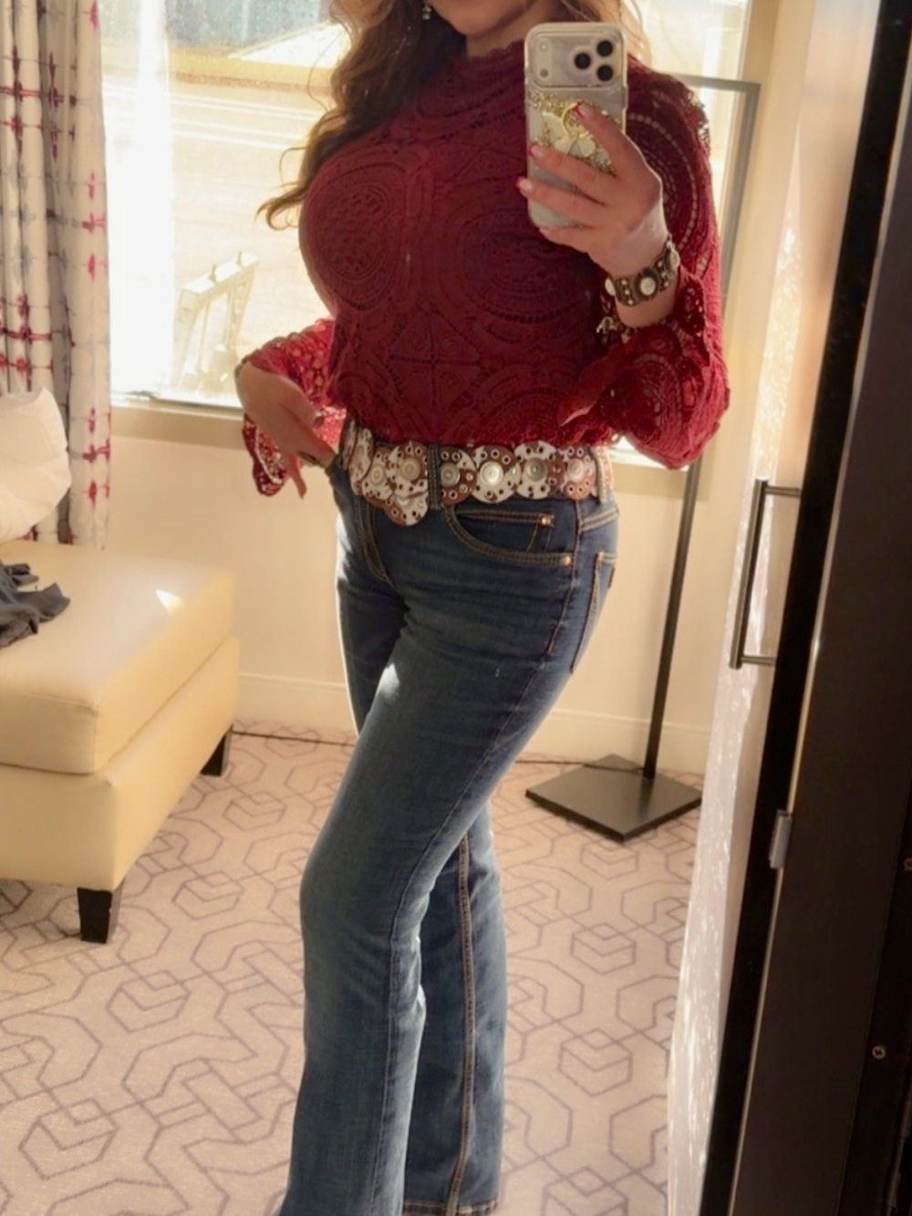 Ultra Pink Burgundy Crochet Lace Long-Sleeve Top